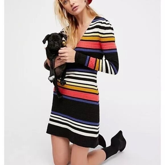 Free People Striped L/S Sweater Dress | Coastal Grandmother Dark Academia Prep M - Picture 11 of 15